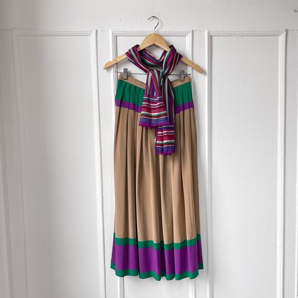 VTG Oscar De La Renta 70s 80s Silk Boho Full Maxi Skirt Colorblock Stripe Scarf - Picture 10 of 10